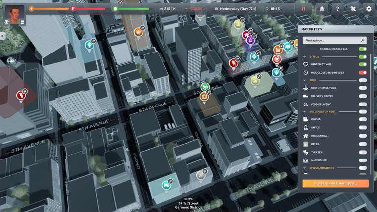 VoogleMaps city view with building filters for retail, office and warehouse units